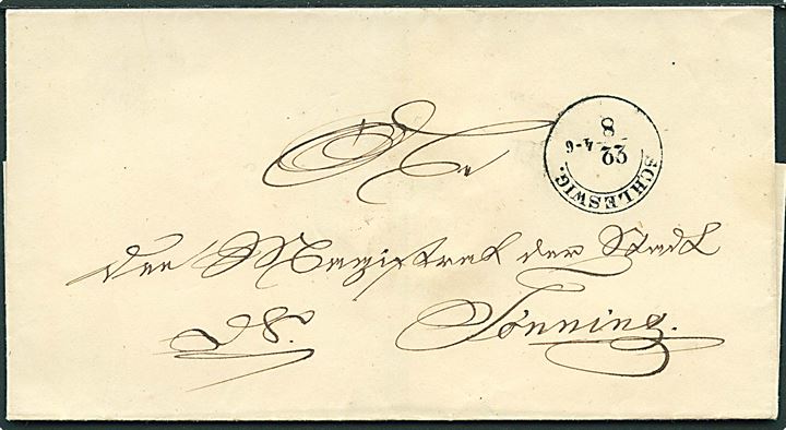 1849. Tjenestebrev med 1½-ringsstempel Schleswig. d. 22.8.(1849) til Tönning.