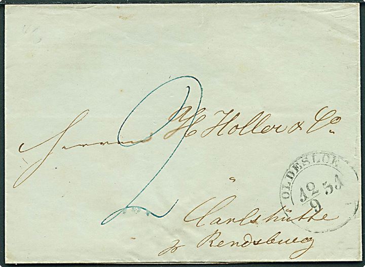 1851. Portobrev med 1½ ringsstempel Oldesloe. d. 12.9.1851 til Carlshütte pr. Rendsburg. Påskrevet 2 med blæk.