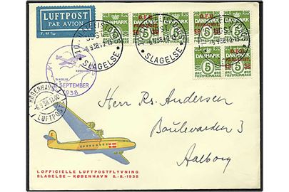 5 øre grøn bølgelinie og 5 øre grøn D.F.U. på luftpost brev fra Slagelse d. 6.9.1938 til Aalborg.