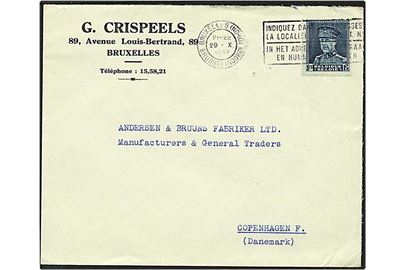1,75 frank på brev fra Bruxelles, Belgien d. 29.10.1937 til København.