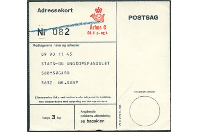 Postsags adressekort GPT III 1970 nr. 7505 for pakke fra Århus C. 1973 til Statrs- og Ungdomsfængslet Søbysøgård pr. Nr. Søby.