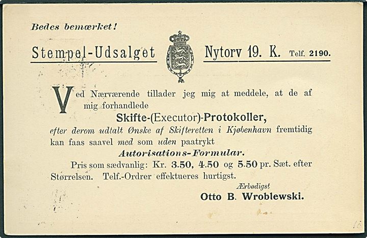 3 øre lokal helsagsbrevkort fra Kjøbenhavn d. 15.5.1902. På bagsiden illustreret meddelelse fra Otto B. Wroblewski, Stempel-Udslaget, Nytorv 19. 