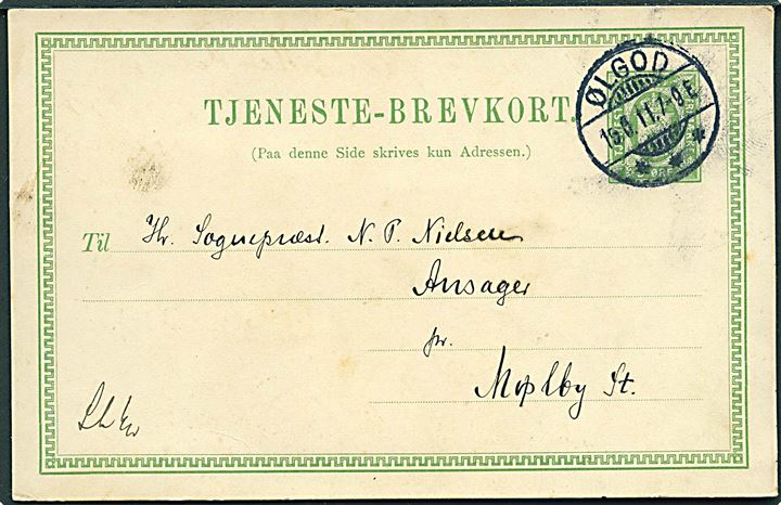 5 øre Tjenestebrevkort fra Ølgod d. 15.6.1911 til Ansager pr. Mølby St.