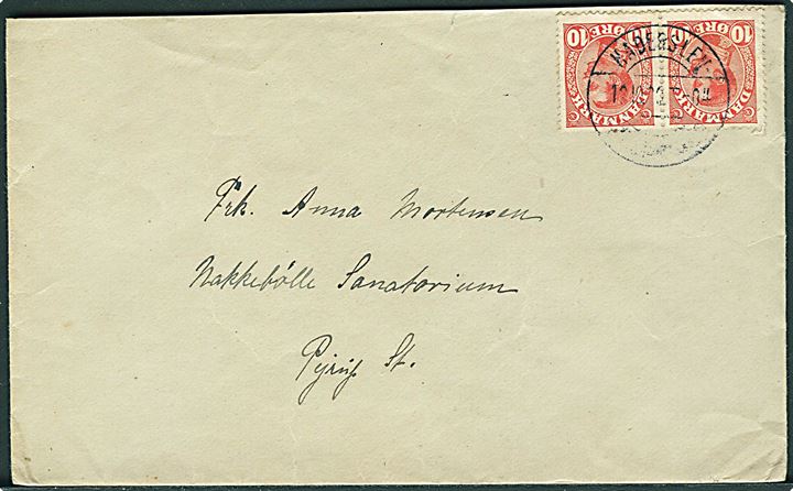 10 øre Chr. X i parstykke på brev fra Sillerup annulleret med svagt bureaustempel Haderslev - Christiansfeld T.04 d. 12.10.1920 til Nakkebølle Sanatorium pr. Pejrup St.