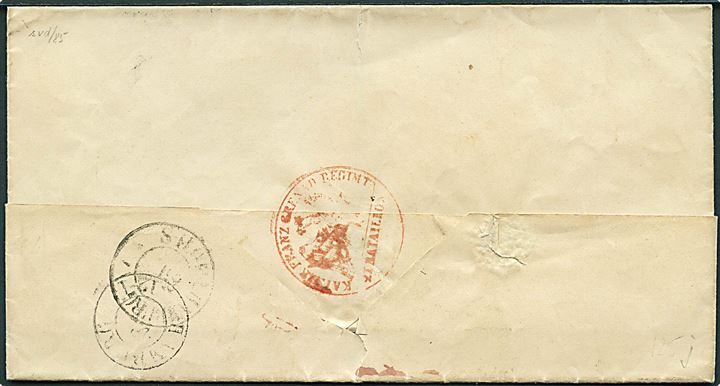 1850 (ca.) Militaria brev fra Berlin d. 22.2. via Hamburg og S-H.O.P.A. Hamburg til Rendsburg. På bagsiden afs.-stempel: Kaiser Franz Grenad. Regimt, 21 Bataillon. 