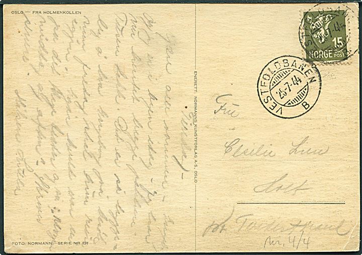 15 øre Løve på brevkort annulleret med bureaustempel Vestfoldbanen B d. 25.7.1944.