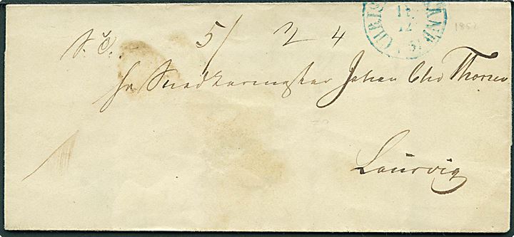 1851. Portobrev med blåt antiqua Christiansand d. 17.12.1851 til Laurvig. Flere påtegninger.