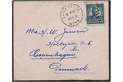 5 cent blå på brev fra Sankt Peter, USA, d. 5.11.19xx til København.