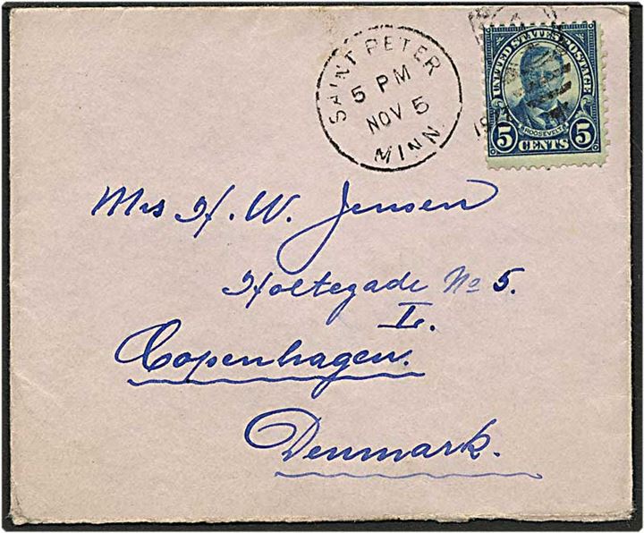 5 cent blå på brev fra Sankt Peter, USA, d. 5.11.19xx til København.