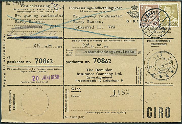 20 øre og 90 øre Fr. IX på retur Indkasserings-indbetalingskort fra København d. 11.6.1959 til Vrå.