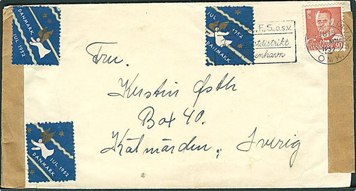 30 øre Fr. IX og Julemærke 1952 på brev fra København d. 17.11.1952 til Kolmärden, Sverige.