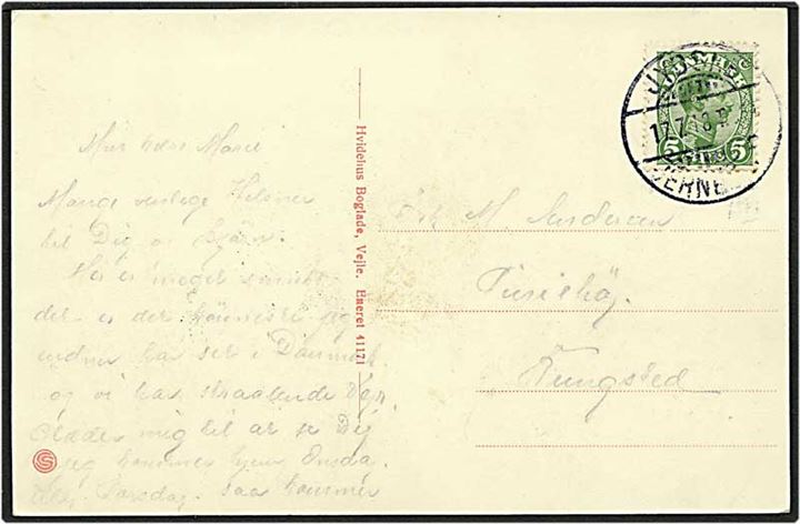 5 øre grøn Chr. X på postkort fra Vejle d. 17.7.1917 til Rungsted. Jydske / Jernb. PKT. bureaustempel.