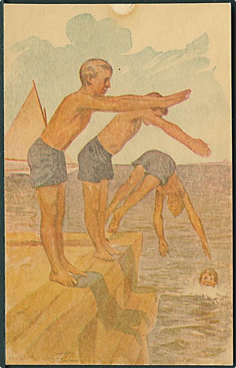 Axel Mathiesen: Spejdere springer i vandet. F. D. F. postkort no. 7. 