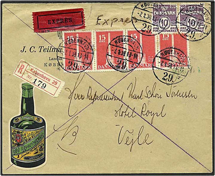 10 øre violet bølgelinie og 15 øre rød Frihedstøtten på Rec. expres brev fra København d. 7.1.1939 til Vejle. Mærkat med portvins flaske.