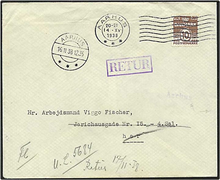 10 øre brun bølgelinie på lokalt sendt brev fra Aarhus d. 14.11.1938. Brevet returneret. Aarhus liniestempel.