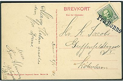 5 øre Fr. VIII på brevkort (Ulfeldtstaarnet, Bornholm) dateret i Rønne d. 5.5.1910 og annulleret med skibsstempel Fra Rønne til København.