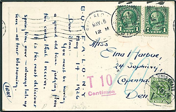 1 cent Franklin (2) på underfrankeret brevkort fra Buffalo N.Y. d. 15.5.1926 til København, Danmark. Udtakseret i porto med 10 øre Portomærke stemplet København d. 28.5.1926.