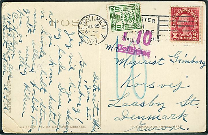 Ameriksnak 2 cents Washington på underfrankeret brevkort fra Detroit d. 25.1.1927 til Laasby, Danmark. Udtakseret i porto med 10 øre Gebyrmærke anvendt som postomærke.