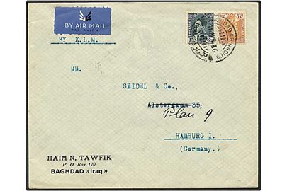 15 og 20 pils på luftpost brev fra Bagdad, Irak, d.11.4.1936 til Hamburg, Tyskland.