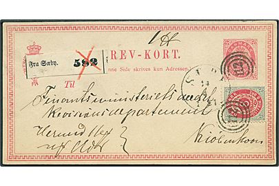 8 øre helsagsbrevkort opfrankeret med 8 øre Tofarvet anvendt som adressekort for pakke annulleret med nr.stempel 112 og sidestemplet med antiqua SÆBY d. 14.5.1881 til Kjøbenhavn.