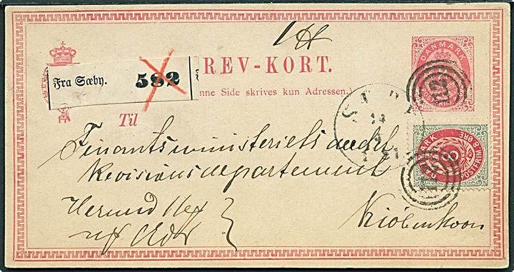 8 øre helsagsbrevkort opfrankeret med 8 øre Tofarvet anvendt som adressekort for pakke annulleret med nr.stempel 112 og sidestemplet med antiqua SÆBY d. 14.5.1881 til Kjøbenhavn.