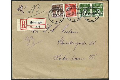 5 øre brun og 10 øre grøn bølgelinie samt 15 øre rød karavel på Rec. brev fra Helsingør d. 16.2.1929 til København.