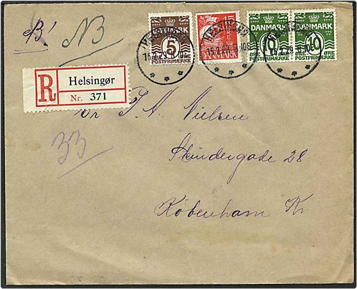5 øre brun og 10 øre grøn bølgelinie samt 15 øre rød karavel på Rec. brev fra Helsingør d. 16.2.1929 til København.