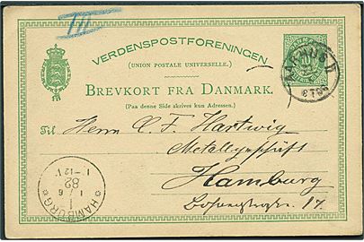 10 øre helsagsbrevkort annulleret med lapidar Aarhus II d. 31.5.1882 til Hamburg, Tyskland.