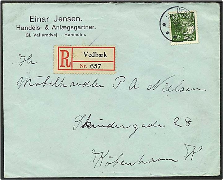 40 øre grøn karavel singelfrankatur på Rec. brev fra Vedbæk d. 7.1.1930 til København.