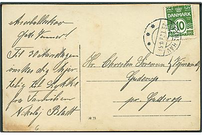 10 øre Bølgelinie på brevkort annulleret med brotype IIb Fynshav d. 23.1.1928 til Guderup.