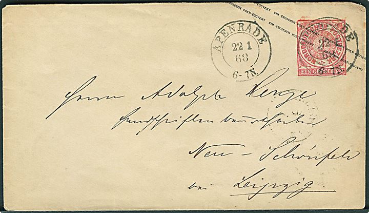 Norddeutscher Postbezirk. 1 gr. helsagskuvert annulleret med 2-ringsstempel Apenrade d. 22.1.1868 til Leipzig.
