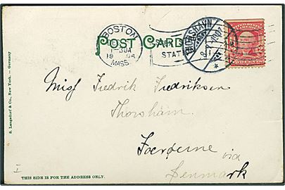 Amerikansk 2 cents Washington på brevkort fra Boston d. 5.12.1906 til Thorshavn, Færøerne via Denmark. Ank.stemplet Thorshavn d. 8.1.1907.