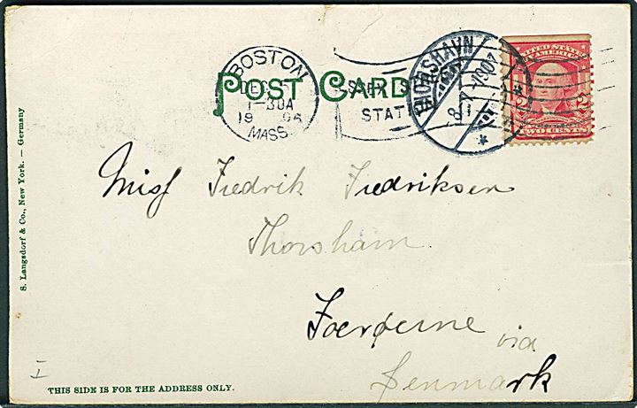 Amerikansk 2 cents Washington på brevkort fra Boston d. 5.12.1906 til Thorshavn, Færøerne via Denmark. Ank.stemplet Thorshavn d. 8.1.1907.