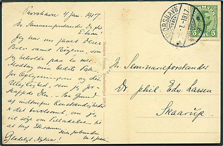 5 øre Chr. X på brevkort fra Thorshavn d. 6.1.1917 til Skaarup, Danmark.