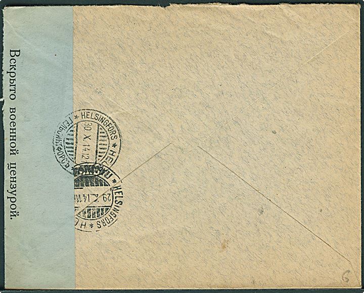 10 pen. og 40 pen. Våben på anbefalet brev annulleret med 2-sproget stempel Syväsmäki d. 29.10.1914 og sidestemplet med brevhus-nr.stempel 542 til Helsinki. Åbnet af finsk censur.