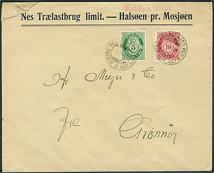 5 øre og 10 øre Posthorn på brev fra Halsøen pr. Mosjøen annulleret med sejlende bureaustempel Midtre Helgelands Posteksp. A d. 5.11.1919 til Grönnöy.