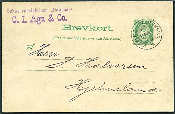 5 øre helsagsbrevkort fra Sukkervarefabrikken National i Stavanger annulleret med sejlende bureaustempel Ryfylke Posteksp.D. d. 19.7.1901 til Hjelmeland