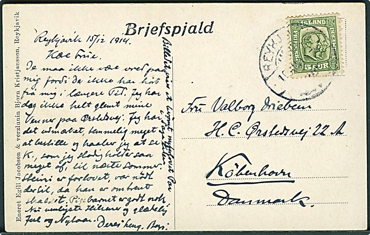 5 aur To Konger på brevkort (Gunnar og Hallgredur) fra Reykjavik d. 16.12.1914 til København, Danmark.