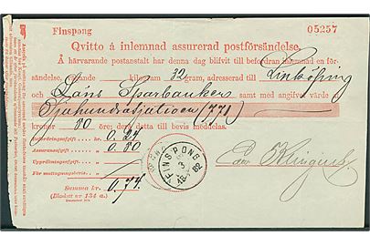 Fortrykt postkvittering for værdibrev indeholdende 771,50 kr. fra Finspong d. 3.7.1882 til Linköping.