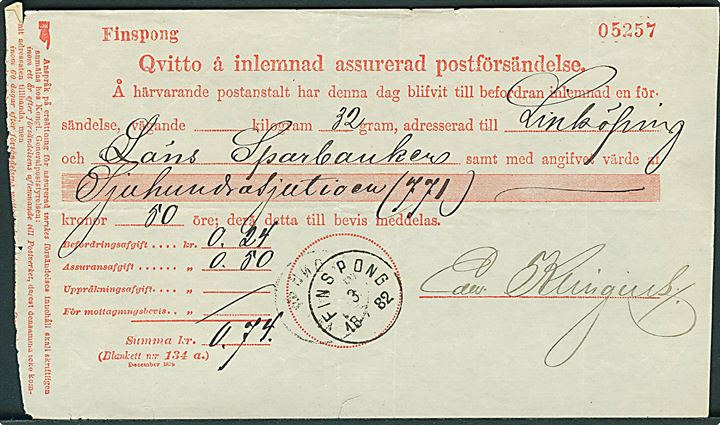 Fortrykt postkvittering for værdibrev indeholdende 771,50 kr. fra Finspong d. 3.7.1882 til Linköping.
