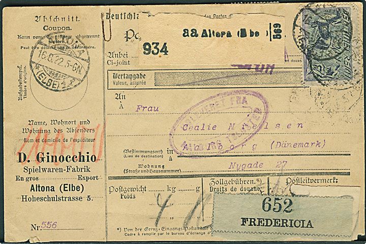 20 mk. Plovmand (10) på for- og bagside af adressekort for pakke fra Altona d. 16.8.1922 til Aalborg, Danmark.