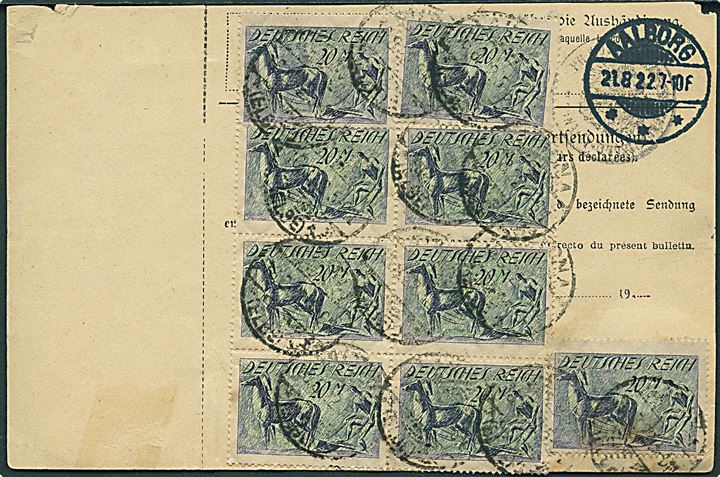 20 mk. Plovmand (10) på for- og bagside af adressekort for pakke fra Altona d. 16.8.1922 til Aalborg, Danmark.