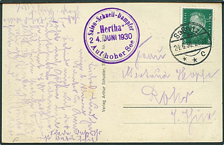 8 pfg. Ebert på brevkort (Salon-Schnelldampfer Hertha) fra Sassnitz d. 24.6.1930 til Rohr. Privat skibsstempel: Salon-Schnell-Dampfer Hertha 4. Juni 1930 Auf hoher See.