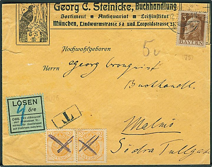 Bayern 3 pfg. på underfrankeret tryksag fra München d. 12.7.1912 til Malmö, Sverige. T-stempel, grøn Lösen etiket og 2 öre Tre Kroner i parstykke benyttet som portomærker. Bagklap mgl.