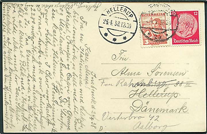 Østrigsk 2 gr. og tysk 12 pfg. Hindenburg på blandingsfrankeret brevkort fra Innsbruck d. 24.4.1938 til Hellerup, Danmark - eftersendt til Aalborg.