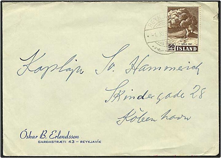 50 øre brun Hekla på brev fra Reykjavik, Island, til København.