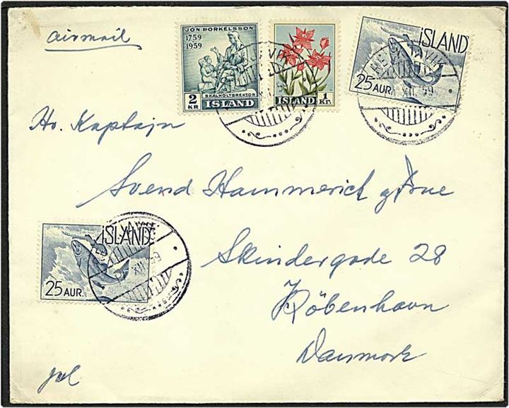 3,50 kr porto på luftpost brev fra Reykjavik, Island, d. 17.7.1959 til København.