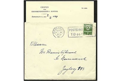 10 øre grøn bølgelinie på lokalt sendt brev fra Krigsministeriet København d. 2.11.1929. Fuldt indhold i brevet.