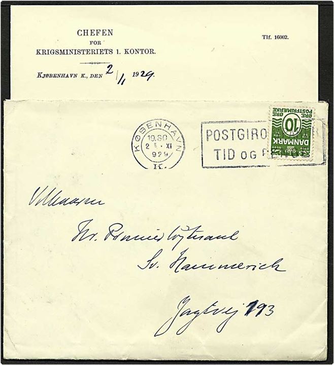 10 øre grøn bølgelinie på lokalt sendt brev fra Krigsministeriet København d. 2.11.1929. Fuldt indhold i brevet.