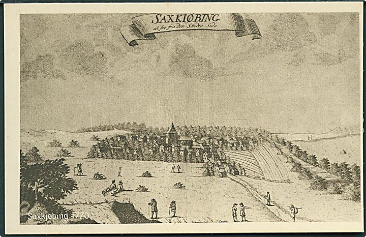 Saxkjøbing 1770. At See fra Den Søndre Side. Stenders no. 56970.